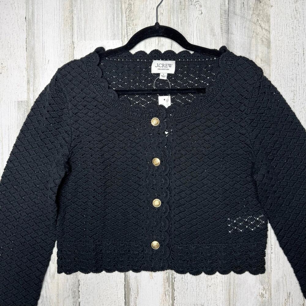 J. Crew Collection Black Crochet Cardigan Sweater Scallop Trim Open Knit Crop S - Picture 5 of 11
